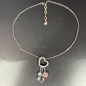 Swarovski Pink Heart Lock Key Silver Tone Pendant Chain Necklace Rhodium Plated
